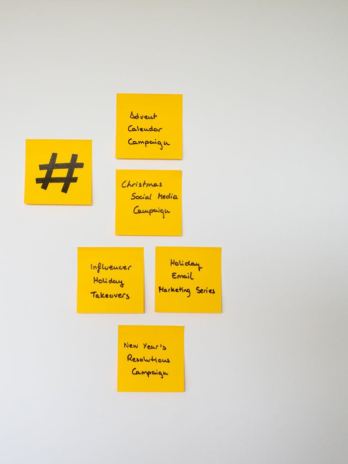 Yellow sticky notes with handwritten marketing campaign ideas on a wall.